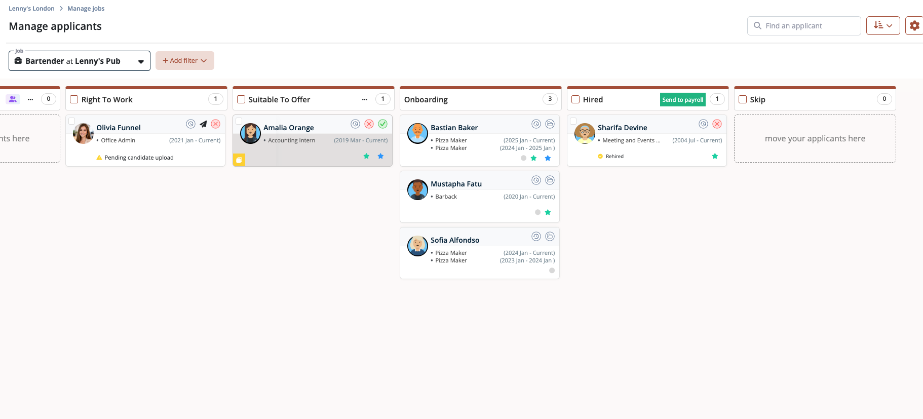 Harri manage applicants board with Right to Work, Suitable to Offer, Onboarding and Hired columns.