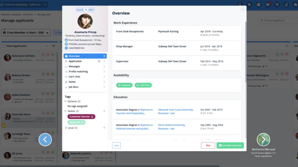 Harri applicant tracking system showing a candidate profile for Anamaria Pricop, with work experience, availability and education details.