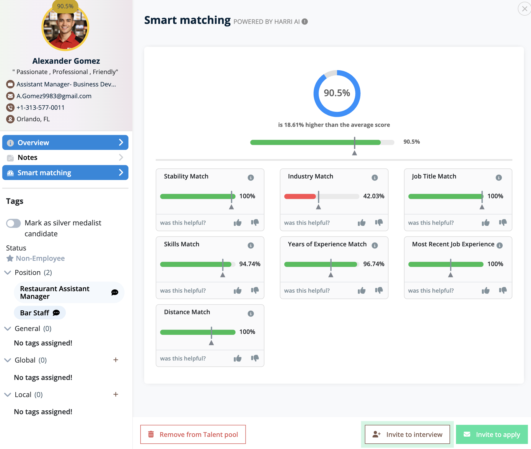 Harri smart matching screen scoring a candidate at 90.5% across stability, industry, skills and distance match.
